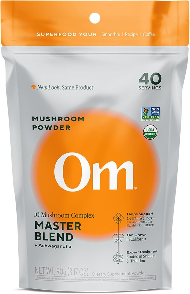 OM Master Blend Mushroom Powder – Suplemento orgánico de setas con 10 setas y Ashwagandha - Apoyo Immunity, Gut Health & Stress Relief, 3.17 oz (40 Servings)