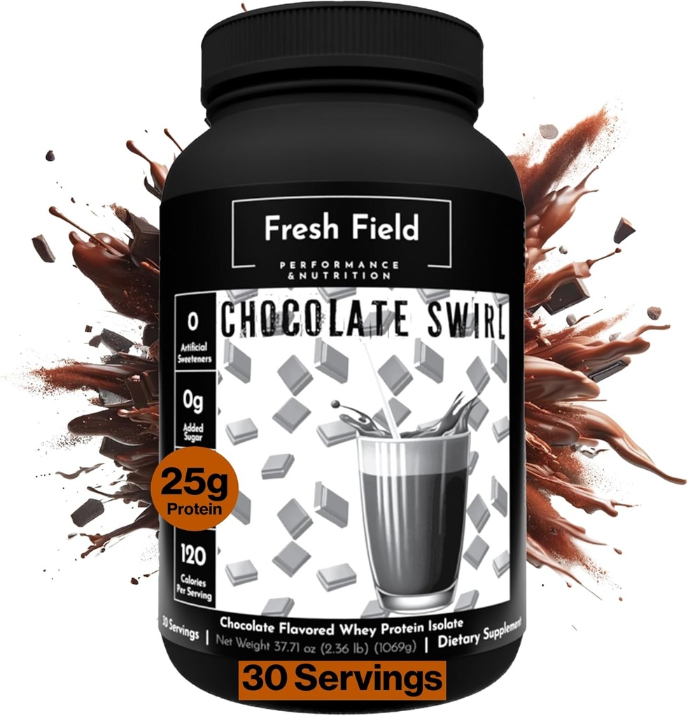 Polvo de chocolate de campo fresco - 25g Whey Protein Isolate, libre de gluten &amp; libre de soja, libre de azúcar, 30 servidumbres - Powder de proteína natural Whey para ejercicios Fitness &amp; Nutrición Shakes - 2.36 lb