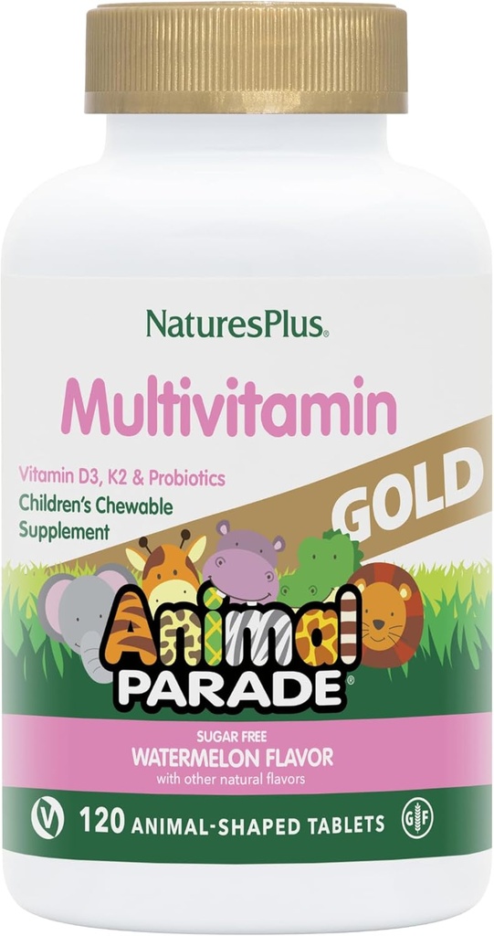 NaturesPlus Animal Parade Gold Multivitamin Children’s Chewables - Watermelon Flavor - 120 Animal-Shaped Tablets, Pack de 2 - Vitamina D3, K2 &amp; Probiotics - Vegan, Gluten Gratis - 120 Total Servings