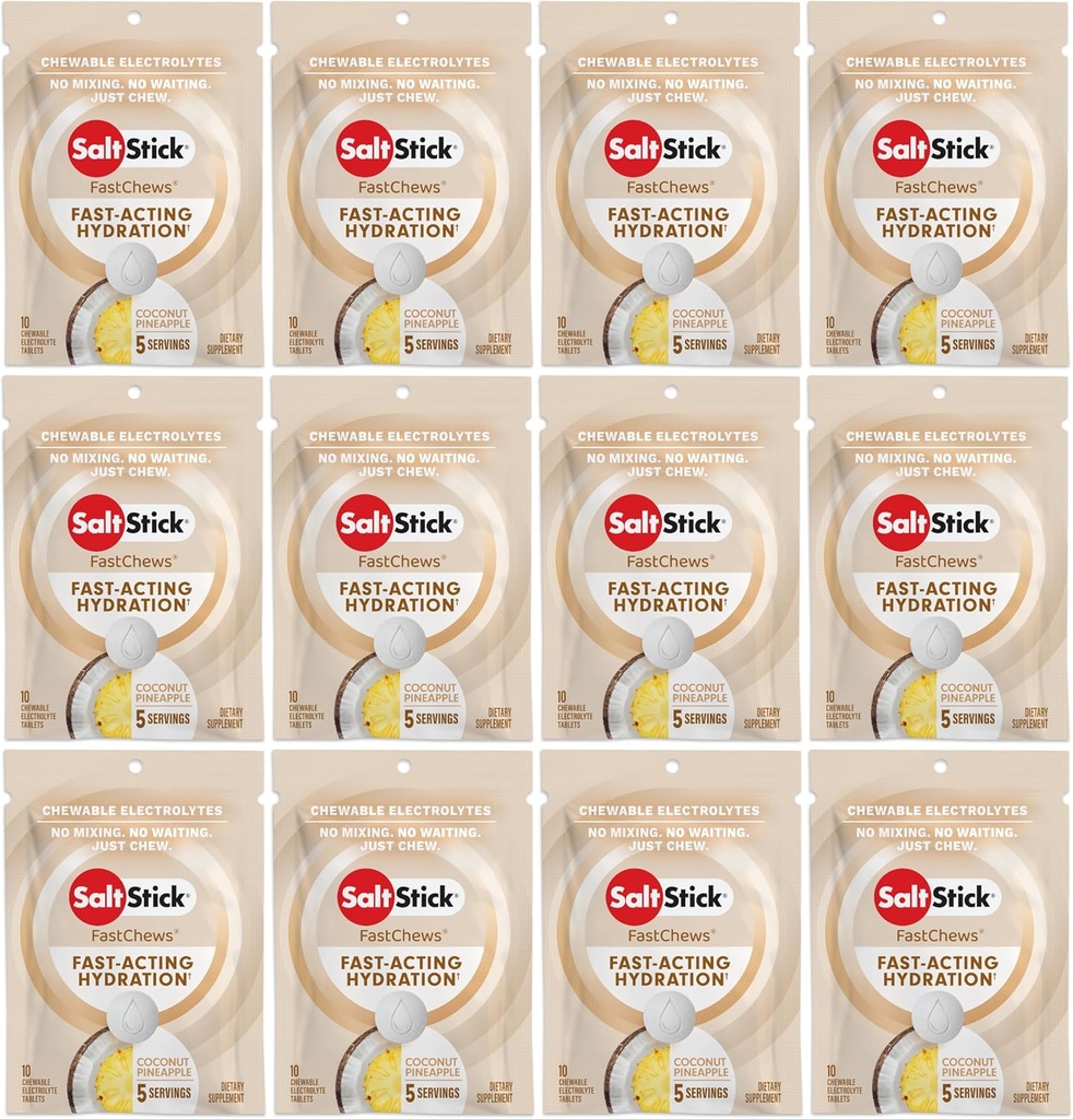 SaltStick Electrolyte FastChews - 120 Conde Coconut Pineapple Flavor - Electrolyte Tablets for Hydration, Salt Tabs - 10 Conde (Pack of 12)