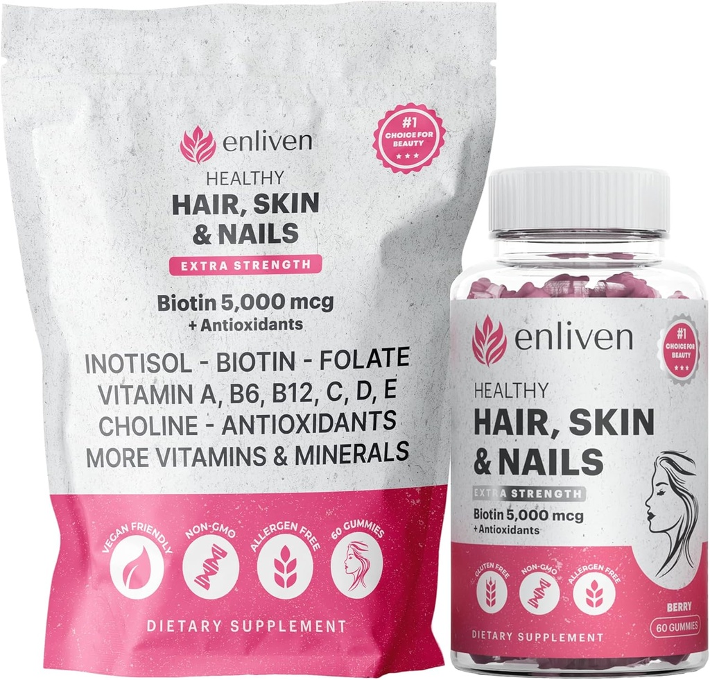 enliven Biotin Gummies for Hair Growth & Strong Nails ← 5000mcg Biotin + Inositol, Collagen Support ¦ Skin Care Vitaminas for Women &amp; Hombres ← Berry Flavor ← Vegan Hair Skin Nail Supplement  durable 60 Gummies