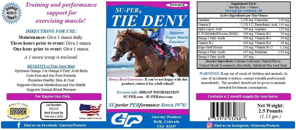 SU-PER Tie Deny Energy Horse Supplement - Supports Proper Muscle Function in Performance Horses - Normal Circulation " Oxygen Uptake, Energy Production, Fatigue Delay - 2.5 Pound, (2 Pack)