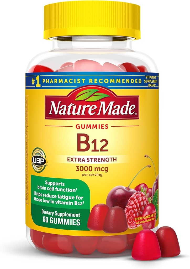 Nature Made Extra Strength Vitamina B12 Gummies, 3000 mcg por porción, B12 Suplemento Vitamina para el Metabolismo Energético Apoyo, 60 Vitaminas Gummy, 30 Day Supply