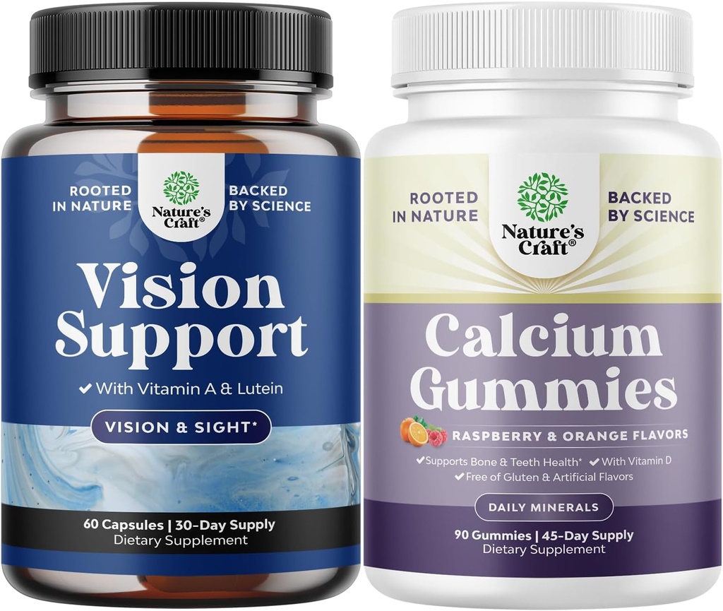 Bundle of Complete Eye Health Supplement for Adults - Lutein 20mg Por Serving for Vision &amp; Blue Light Protection with Beta Carotene and High Absorption Calcium Gummies with Vitamin D3 for Bone Health