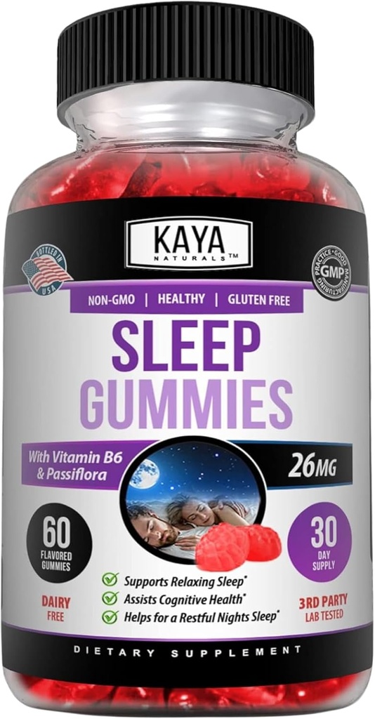 Kaya Naturals Melatonin Gummies (26 mg) Suplemento de salud " Ayuda al sueño para adultos, le ayuda a disminuir el sueño naturalmente, vitamina B6 Gummies - 60 vitaminas Gummy para hombres de mujeres - 30 días de suministro
