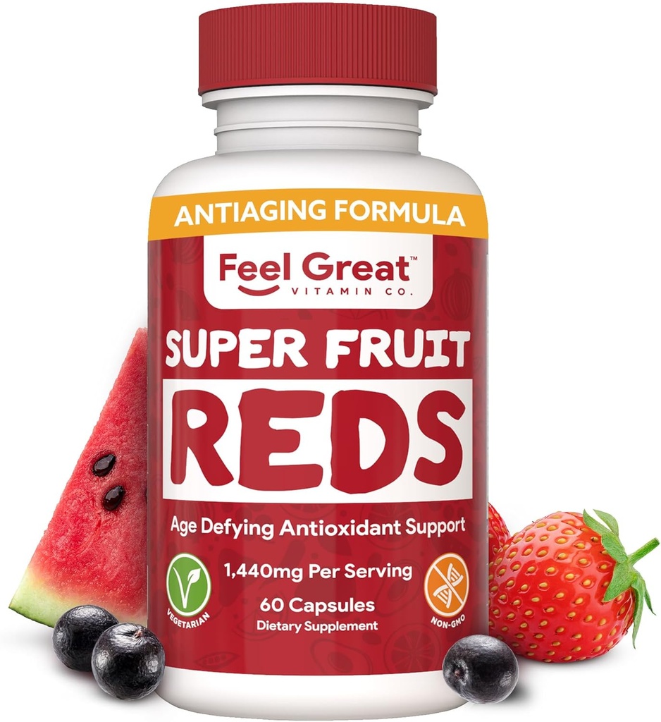 Feel Great Vitamins Superfruit Reds – Antioxidant Superfood with Polyphenols for Anti-Aging & Immune Support – Acai, Mangosteen, Pomegranate, Blueberry & Much More – 60 Capsules