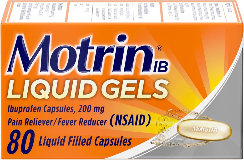 Motrin IB Ibuprofen 200mg Liquid Gels, Ibuprofen Pain Reliever & Fever Reducer for Adults, Relief from Minor Arthritis Pain, Muscle Aches, Headache, Menstrual Cramps & Backache, 80 ct