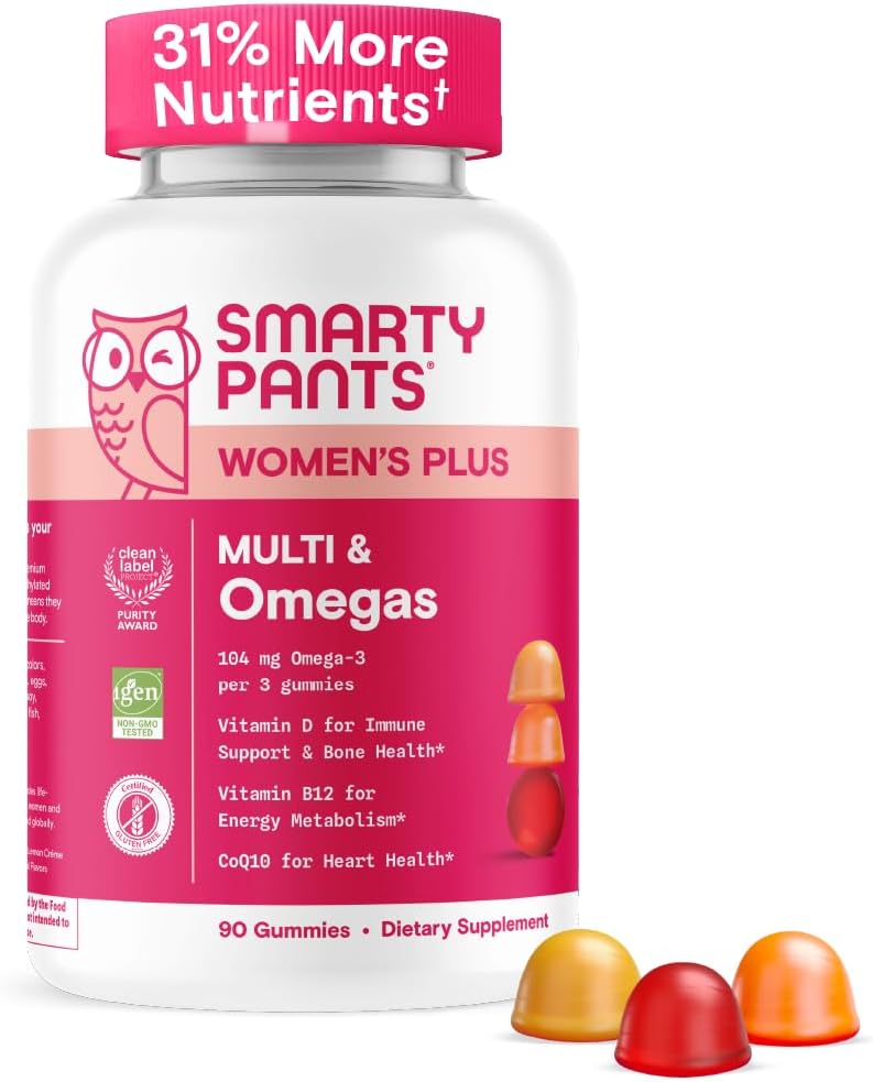 SmartyPants Gummies multivitamina de mujeres - Fórmula mejorada: Omega 3 (DHA/EPA), Methylfolate, CoQ10, Vitamina D3, C, Vitamina B12, B6, A, K & Zinc, Inositol, Gluten Free, 90 Cuenta (30 Day Supply)