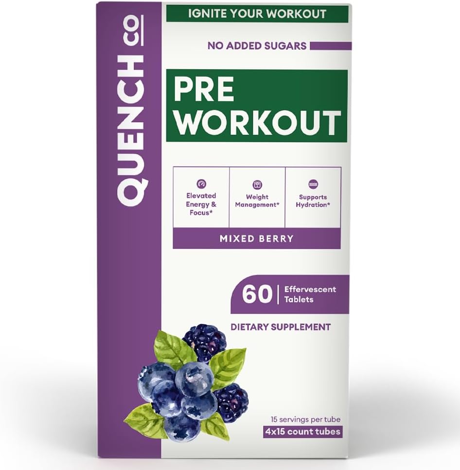 Quench Pre Workout for Men &amp; Women Effervescent Tablets - Boost Energy & Focus with L-Arginine, Natural Caffeine - Supports Weight Management & Hydration - Vegan, Keto, Soy-Free 60 Count