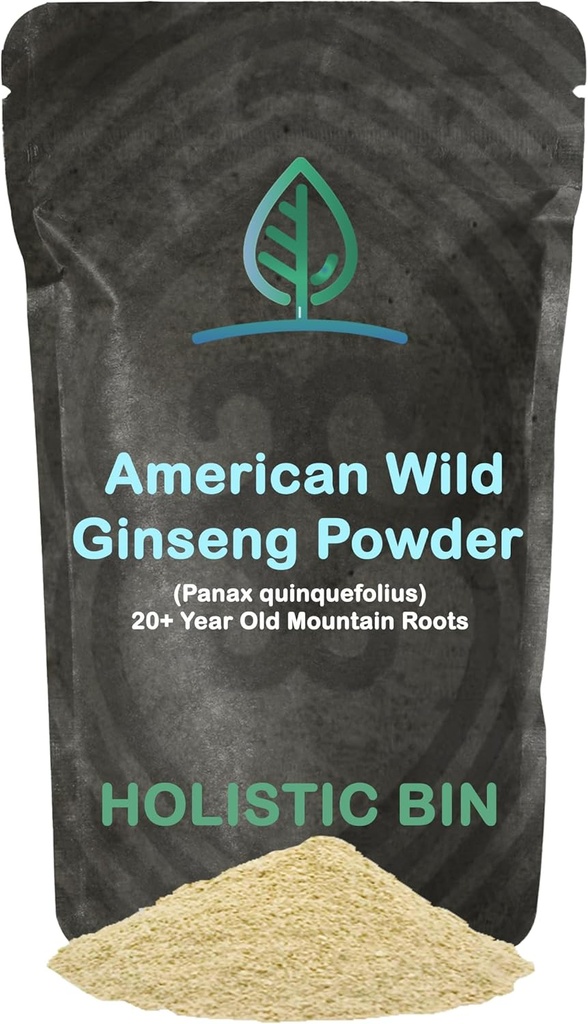 Holistic Bin Wild American Ginseng Powder Pure Organic Ginseng Supplement Made with Wild Harvested 20+ Year Old Roots from Appalachia (Panax Quinquefolius) | No Fillers or Additives (25 Grams)