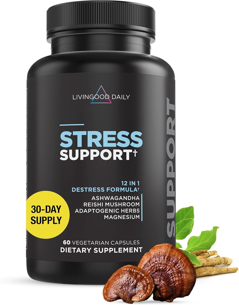 Livingood Daily Stress Support, 12-in-1 Suplemento con Ashwagandha, Reishi Mushroom, Vitamina B6, Herbs Adaptógenos &amp; Magnesio, soporta Mood & Calm, Gluten Free, Vegan, 60 cápsulas vegetarianas