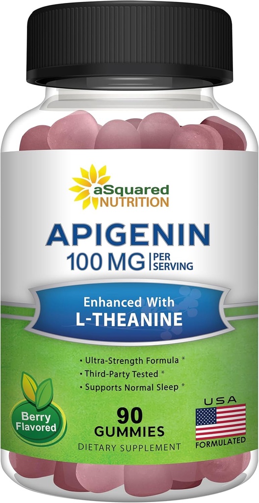Apigenin 100mg con L-Theanine 100mg Gummies - Suplemento de apigenina para el sueño - Extracto natural Gummy Alternativa a cápsulas, píldoras, polvo &amp; té - 2 per Serving