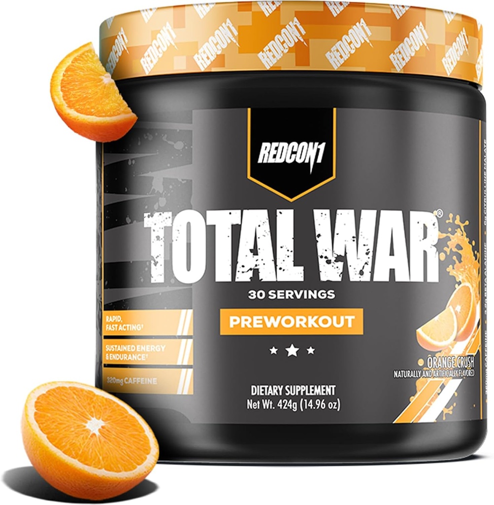 REDCON1 Total War Pre Workout, Orange Crush - Contiene 320mg de Caffeine de Green Tea, Juniper & Beta Alanine - Pre Work Out with Amino Acids to Increase Pump, Energy + Endurance (30 Servings)