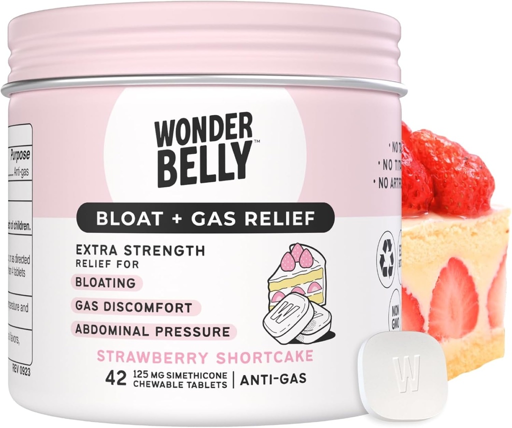 Wonderbelly Bloat + Gas Relief, Extra Strength Chewable Tablets, con 125 mg Simethicone, No Talc o Dye, Strawberry Shortcake, 42 Conde