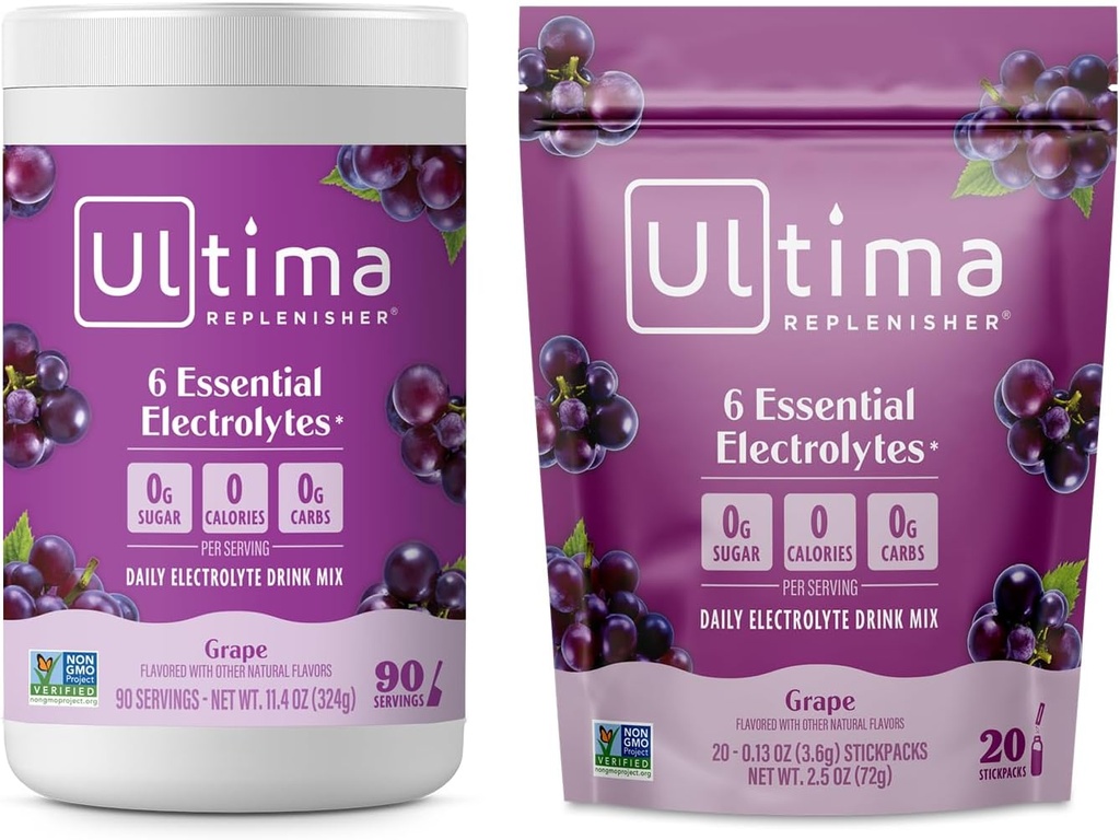 Ultima Replenisher Electrolyte Powder Drink Mix Bundle – Sugar Free – Grape, 90 Serving Canister y 20 Stickpacks – 6 Electrolytes and Minerals – Keto Friendly, Vegan, Non-GMO