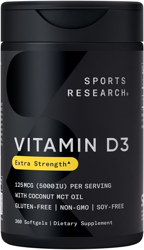 Sports Research® Vitamin D3 w/Coconut MCT Oil - High Potency Vitamin D3 5000iu (125mcg) Suplemento para Immune &amp; Bone Support - Seed Oil Free - Non-GMO - Gluten Free (360 Liquid Softgels)