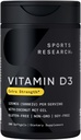 Sports Research® Vitamin D3 w/Coconut MCT Oil - High Potency Vitamin D3 5000iu (125mcg) Suplemento para Immune &amp; Bone Support - Seed Oil Free - Non-GMO - Gluten Free (360 Liquid Softgels)