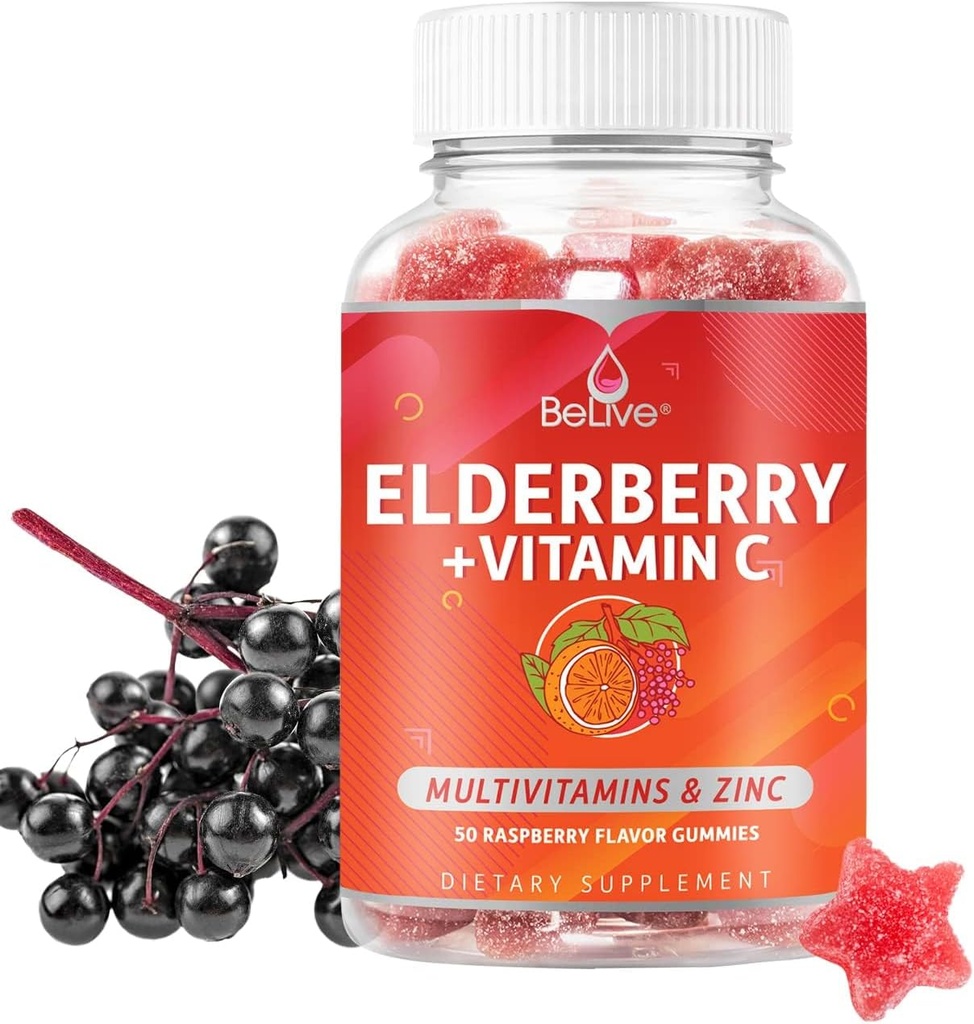 BeLive Elderberry Gummies con zinc y vitamina C, D, A, E, B12-50 Ct Immune Suplemento de soporte para huesos saludables " dientes, Vegan, Keto " Non-GMO - Raspberry Flavor