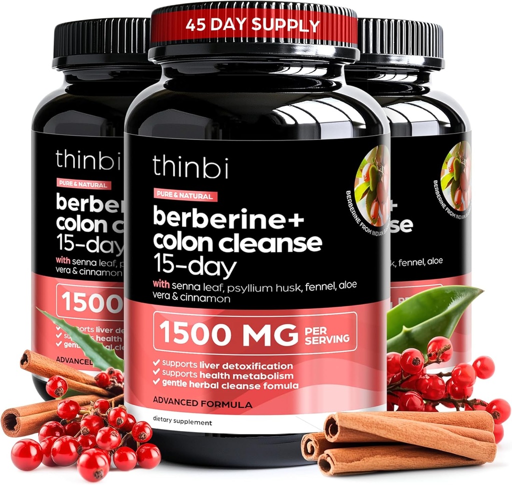 Colon Cleanse Berberine Suplemento 1500mg - 3 Pack - 15-Day Extra Strength for Men &amp; Women w/Senna Leaf, Fast-Acting Natural Laxative for Constipation Relief, Gut Health -Made in USA