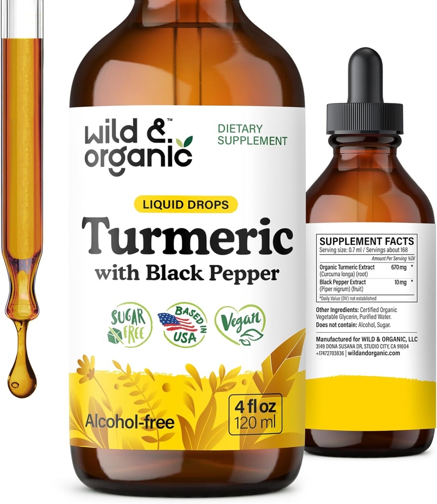 Tintura de Turmérico Salvaje y Orgánica - Curcumina Turmérica con Extracto de Pepper Negro - Suplemento de Apoyo a la Movilidad - Gotas Líquidas de Cucumina - Vegan, Azúcar &amp; Sin Alcohol - 4 fl oz