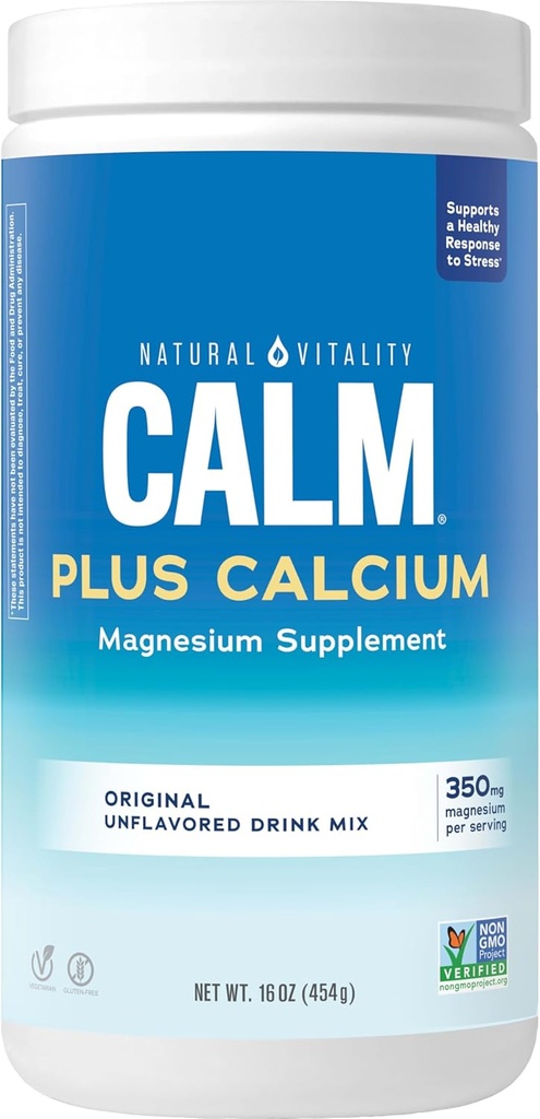 Natural Vitality Calm, Citrato de Magnesio &amp; Suplemento de Calcio, Bebida Mix Powder apoya una respuesta saludable al estrés, Gluten Free, Vegan, " Non-GMO, Original, 16 oz