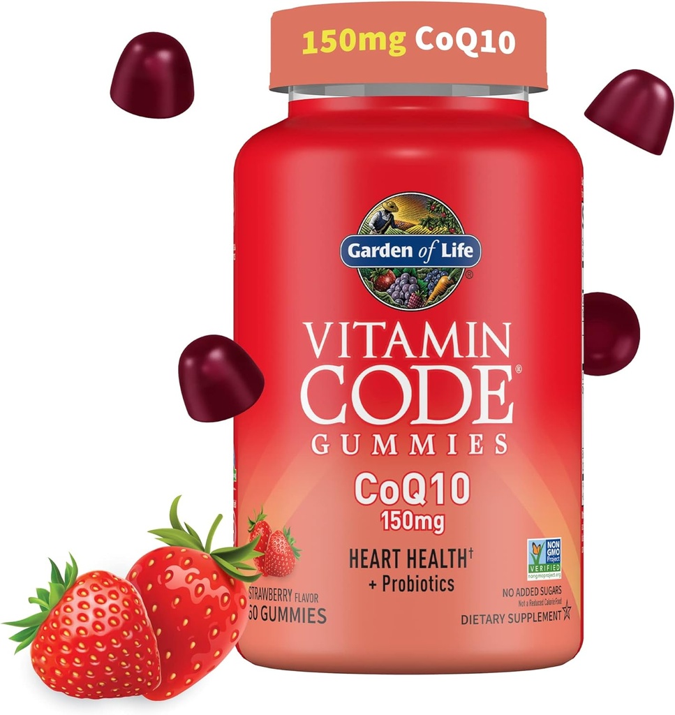 Garden of Life Vitamin Code CoQ10 Gummies 150 mg, Coenzyme Q10 for Heart Health, Energy Production " Healthy Aging + Prebiotics " Probiotics for Digestion, Non-GMO, Gluten-Free, 60 Strawberry Gummies
