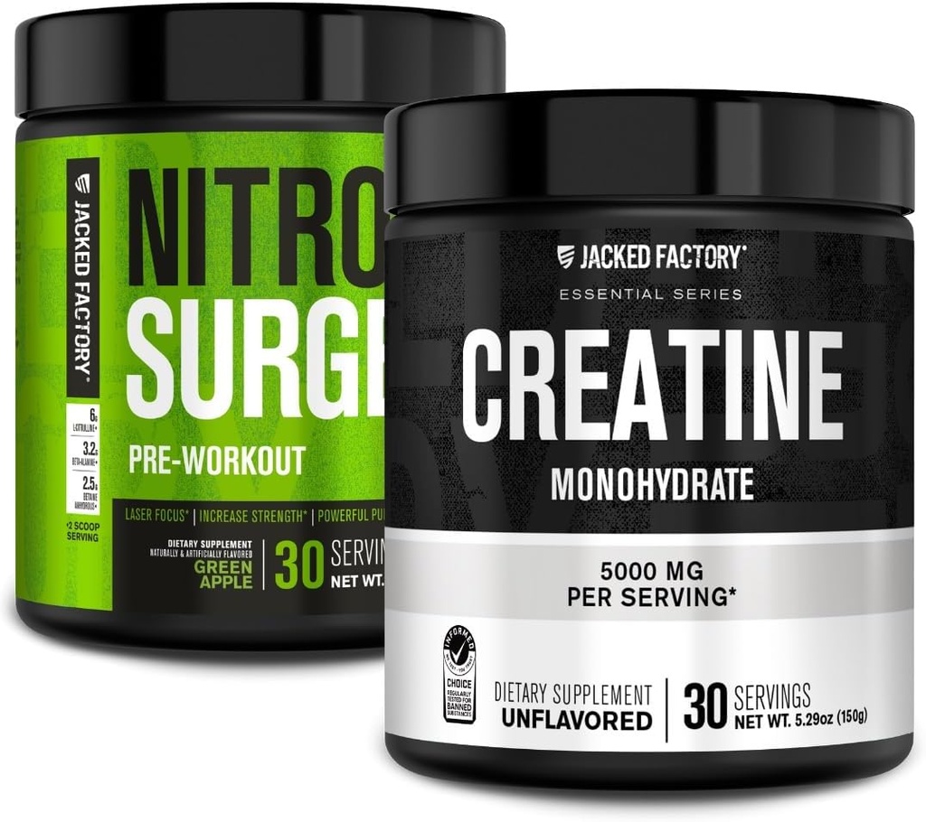 Gato Fábrica NITROSURGE Pre Workout Suplemento (Gran Apple, 30 Servings) & Creatine Monohydrate Powder (Unflavored, 30 Servings)