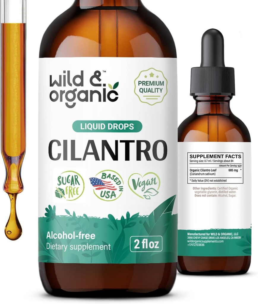 Wild &amp; Organic Cilantro Drops - Detox Cleanse with Liquid Cilantro Supplement - Coriander Leaf Extract Tincture - Vegan, Sugar &amp; Alcohol-Free - 2 fl oz