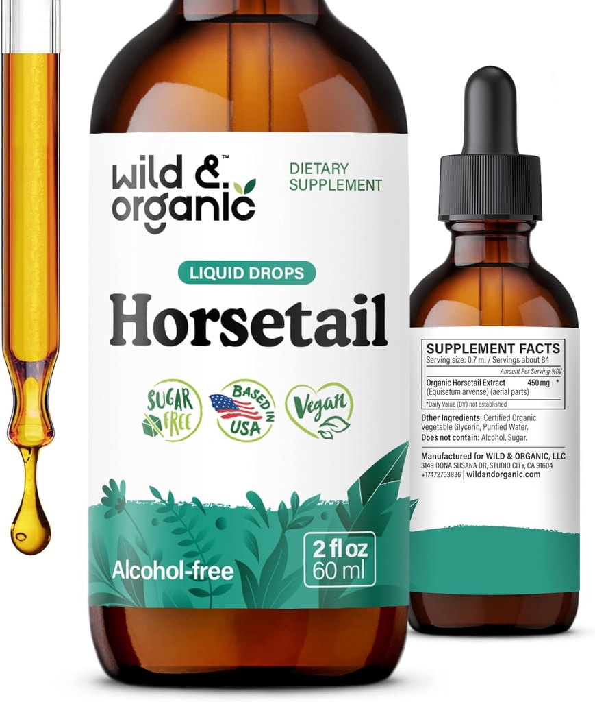 Wild &amp; Organic Horsetail Extract Drops - Hair Skin Nails Support - Liquid Horsetail Supplement - Herb Powder Based Tincture - Vegan, Sugar &amp; Alcohol-Free - 2 fl oz