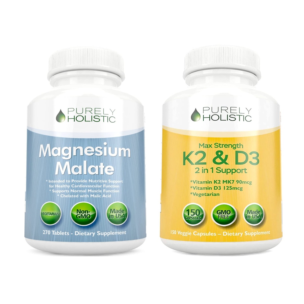 Puramente Holistic Magnesium Malate 400mg + Vitamin D3 125mcg K2 MK7 90mcg - 270 Tablets & 150 Capsules - Vegetarian Bundle - Made in USA