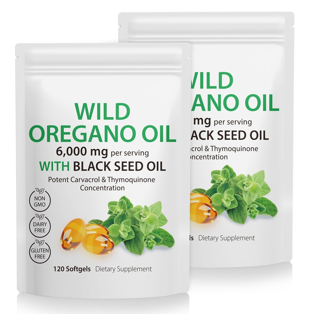 Oregano Capsules de aceite, 240 Softgels, 2 en 1 6.000 mg de aceite de orégano silvestre con aceite de semilla negro 200 mg Suplemento- 4X Strength Carvacrol & Thymoquinone, Gluten Free " Non-GMO