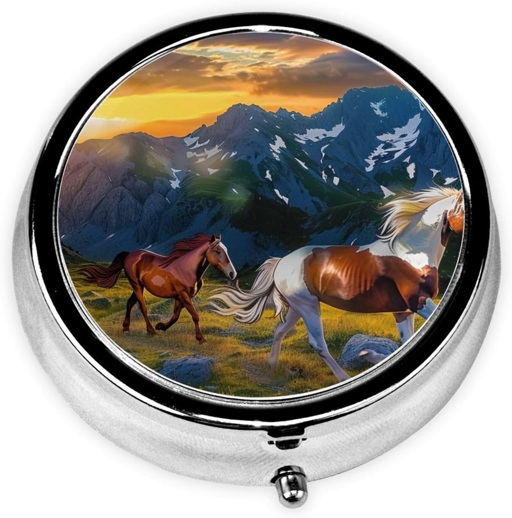 Shocking Running Horse Impreso organizador de píldoras redondas con 3 elementos, caja de pill Mini portátil para la medicina, vitamina, aceite de pescado, suplementos