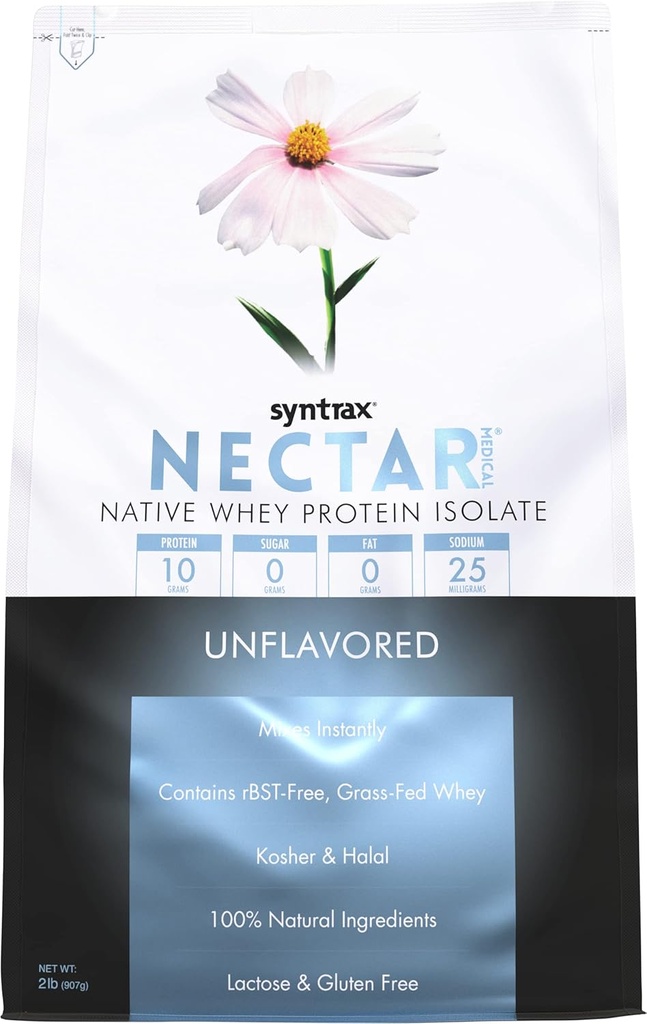 Sintrax Nutrition Nectar Medical, All Natural Whey Protein Isolate, Unflavored, 2 lbs. (2 Libra, Desflavorada)