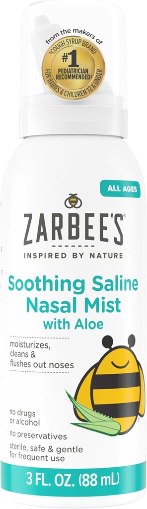 Zarbee Soothing Saline Nasal Mist with Aloe, Saline Spray for All Ages Works Quickly to Clear Out & Moisturize Noses, Mist Loosens Mucus & Clears Nasal Passageways, Drug-Free, 3 fl. Oz
