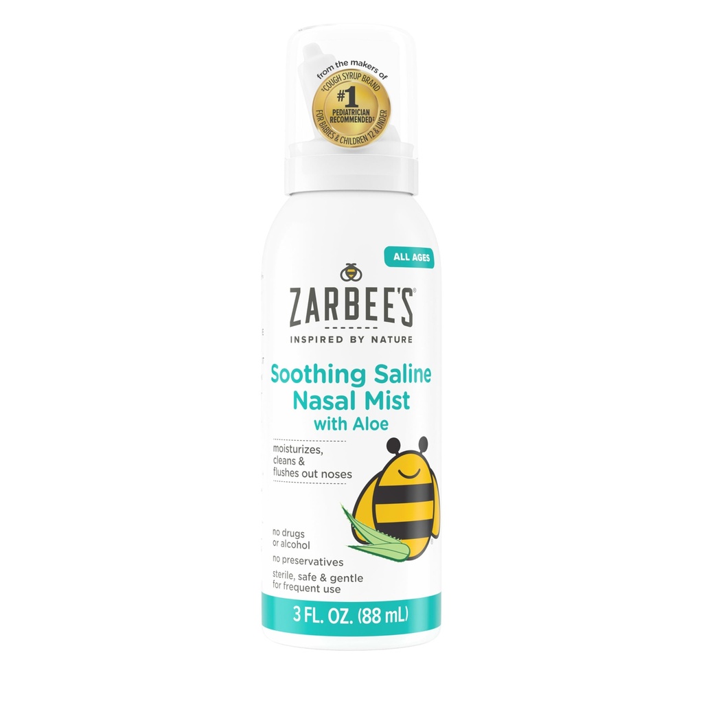 Zarbee’s Soothing Saline Nasal Mist with Aloe, Saline Spray for All Ages Works Quickly to Clear Out & Moisturize Noses, Mist Loosens Mucus & Clears Nasal Passageways, Drug-Free, 3 fl. Oz
