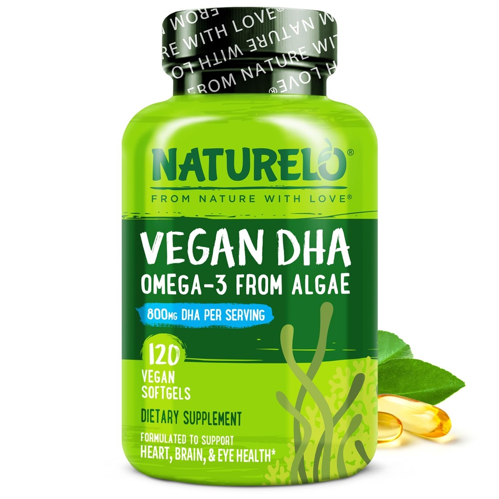 NATURELO Vegan DHA - Omega 3 Aceite de Algae - Suplemento para Cerebro, Corazón, Conjunto, Salud Ocular - Proporciona ácidos grasos esenciales para hombres y niños - Complementos Vitaminas prenatales - 120 Softgels