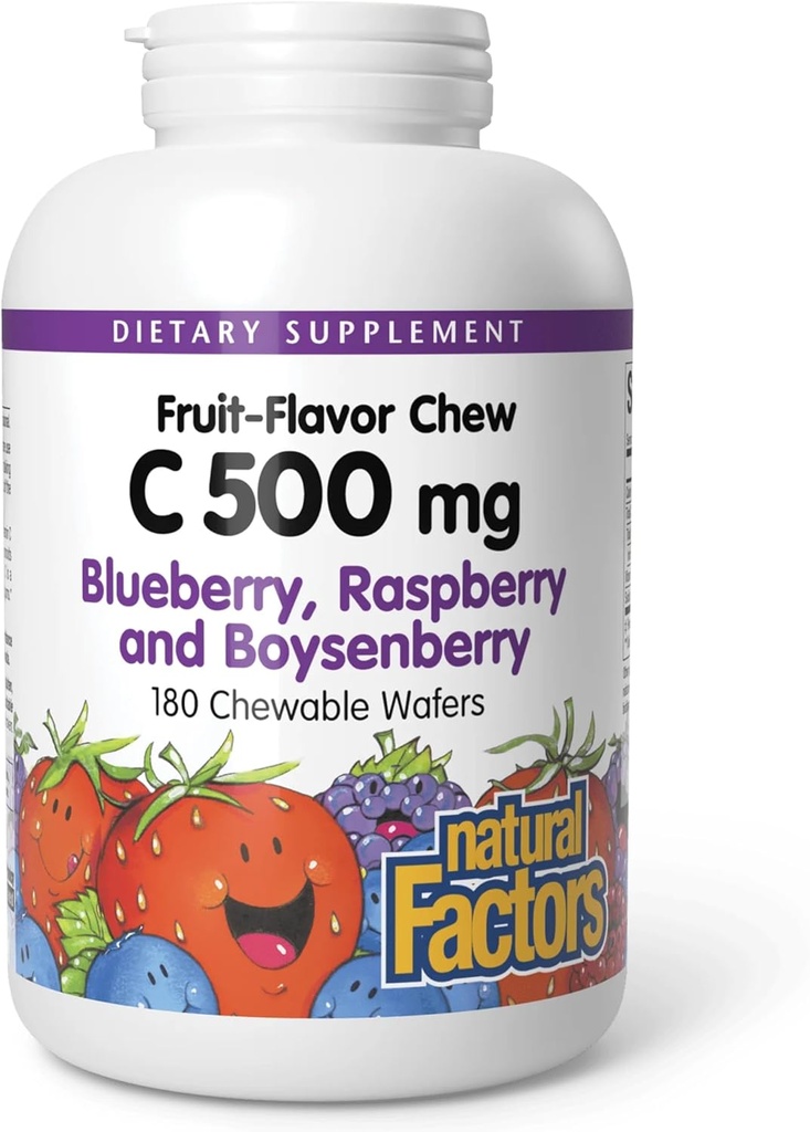 Factores naturales Niños Chewable Vitamina C 500 mg, Soporta Salud Inmune, Huesos, Dientes y Gums, Blueberry, Raspberry y Boysenberry, 180 Wafers