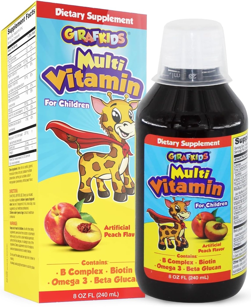 GirafKids Multivitamina líquido para niños Edades 4+, 8oz - Vitaminas diarias para niños con biotina, vitamina A, Complejo B, ácido fólico, Omega-3 " Beta Glucan - Suplemento dietético para el crecimiento y la energía de los niños