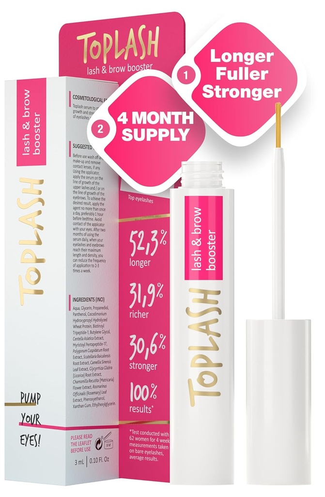 TOPLASH Eyelash Growth Serum - Fórmula innovadora para más largas, más gruesas, más completas cuervos " - Natural, libre de crueldad " Hypoallergenic - 0.10 fl.oz.