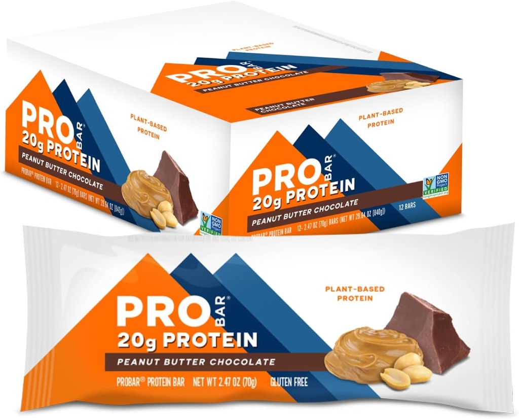 PROBAR - PROTEIN Bar, Peanut Butter Chocolate, Non-GMO, Gluten-Free, Healthy, Plant-Based, Whole-Food Ingredients, Natural Energy (12 Count)