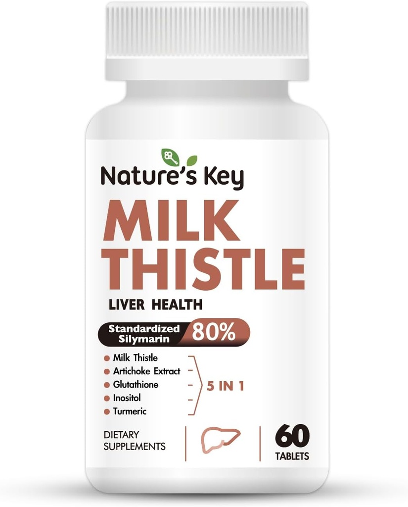 La leche clave de la naturaleza Thistle 500mg Liver Supplement,30:1 Extra Strength 80% Silymarin  5- in-1 Liver Cleanse Detox " Repair Formula with Artichoke, Glutathione, Inositol " Turmeric-60 Tablets
