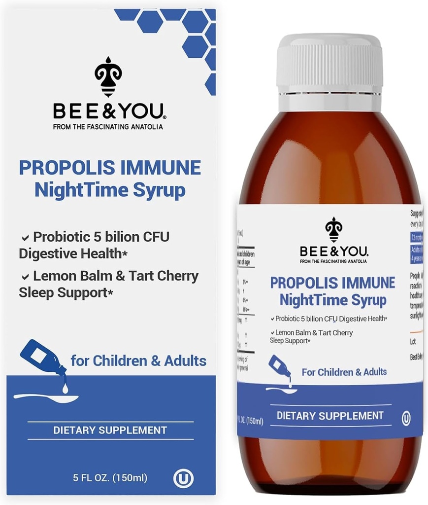 Bee and You Propolis Nighttime Syrup with Probiotic, Vitamin C, and Elderberry - Gentle Formula for Adults &amp; Kids, 5 Fl Oz