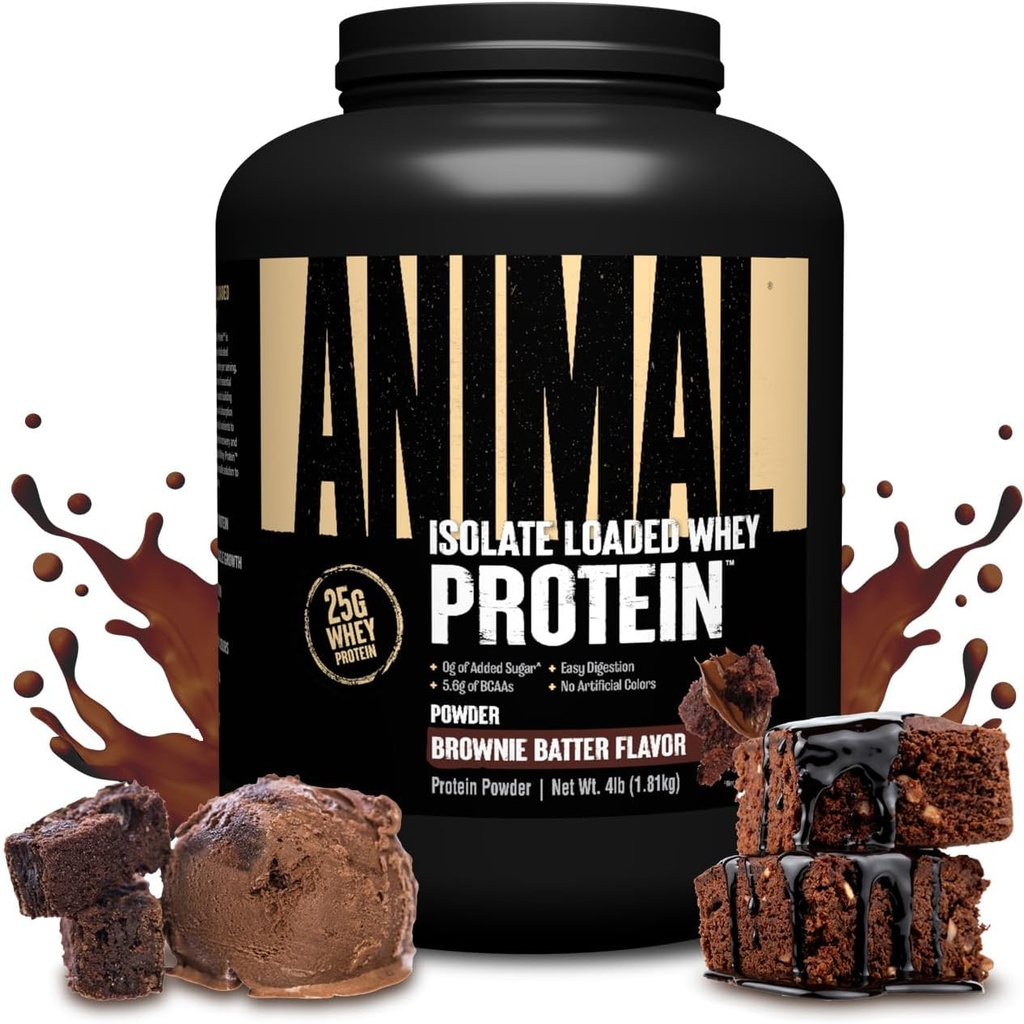 Animal Whey Isolate Protein Powder - Loaded for Pre & Post Workout Muscle Builder and Recovery with Digestive Enzymes for Men & Women - 25g Protein, Great Taste, Low Sugar - Brownie Batter 4 lbs