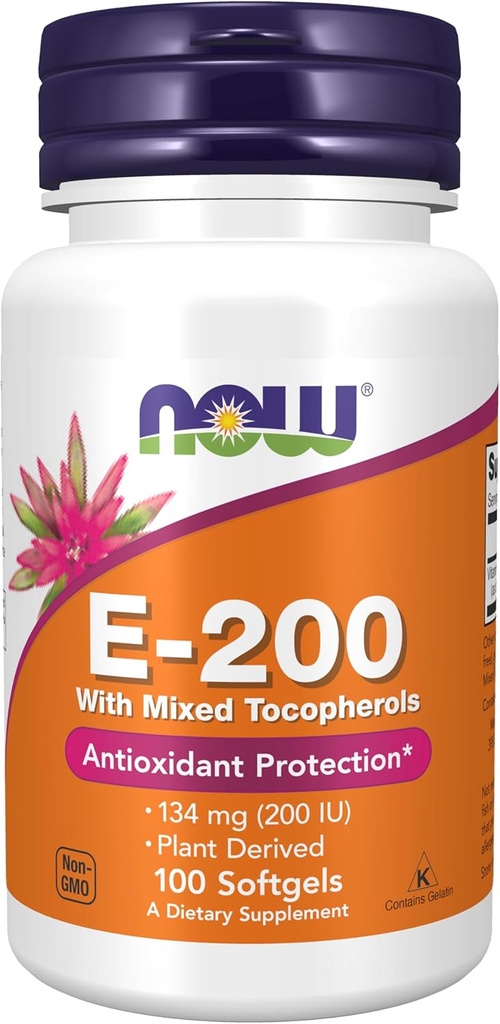 AHORA Alimentos Suplementos, Vitamina E-200 UI Tocoferoles mixtos, Protección antioxidante*, 100 Softgels