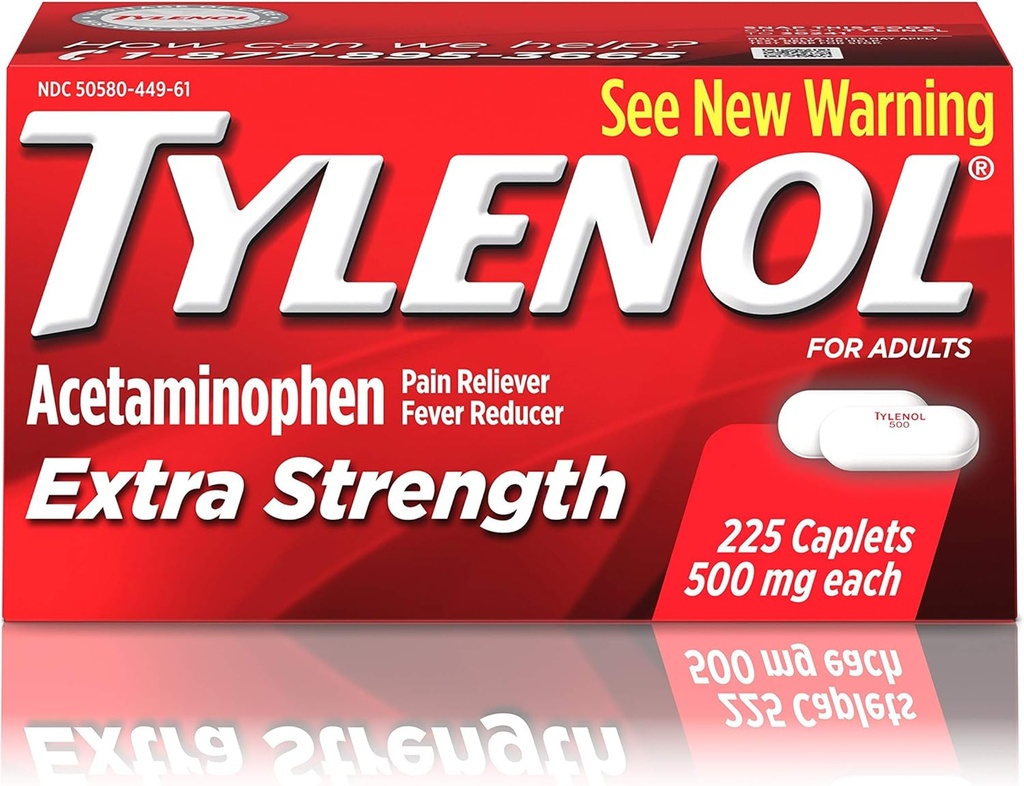 Tylenol Extra Strength Caplets with 500 mg Acetaminophen, Pain Reliever & Fever Reducer, For Headache, Backache & Menstrual Pain Relief, 225 ct