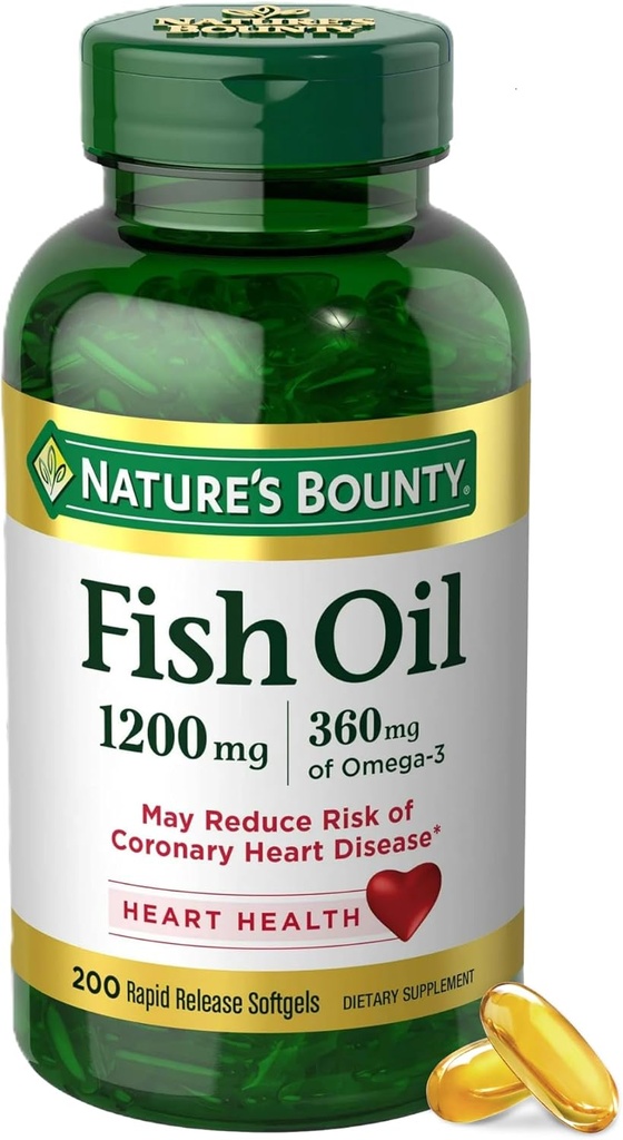 Suplementos de la naturaleza Bounty Fish Oil Omega 3 - Apoya la salud del corazón, 1200 Mg Fish Oil, Omega-3, 200 Softgels (Pack of 1)