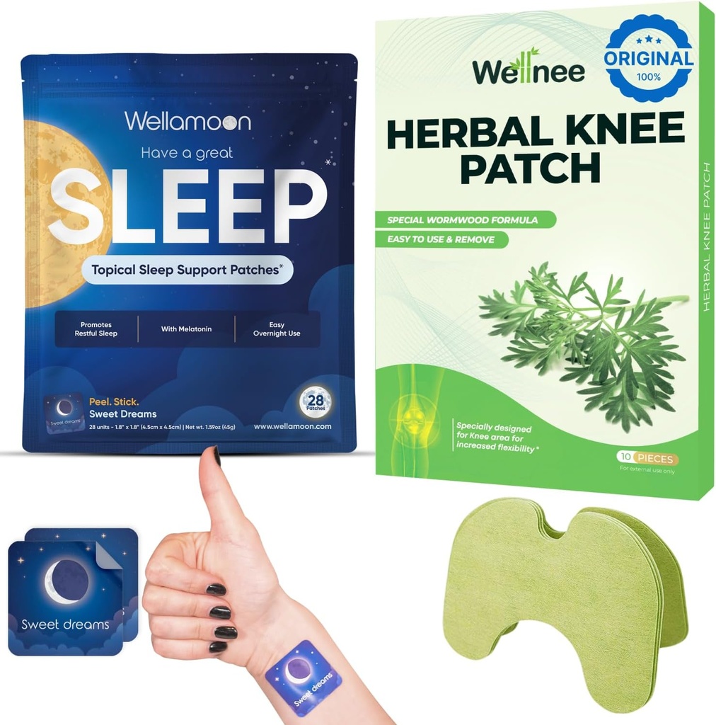 Wellnee &amp; Wellamoon Wellness Pack: Herbal Knee Comfort Patches (10 conteo) " Natural Sleep Support Patches (28 conde) – Joint &amp; Muscle Comfort with Plant-Based Sleep Aid