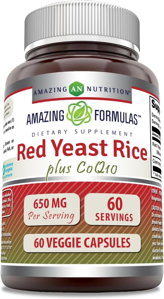 Amazing Formulas Rice de levadura roja 600 Mg Plus Coq10 50 Mg  durable Veggie Capsules Suplemento Silencio No-GMO Silencio Gluten Gratis Silencio Made in USA (60 Conde)