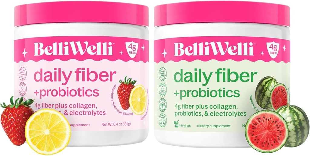 Belli Welli Daily Fiber Supplement Bundle - Strawberry Lemonade & Watermelon - Collagen, Probiotics &amp; Electrolytes for Balanced Wellness - Refreshing Flavors, 32 Servings Total