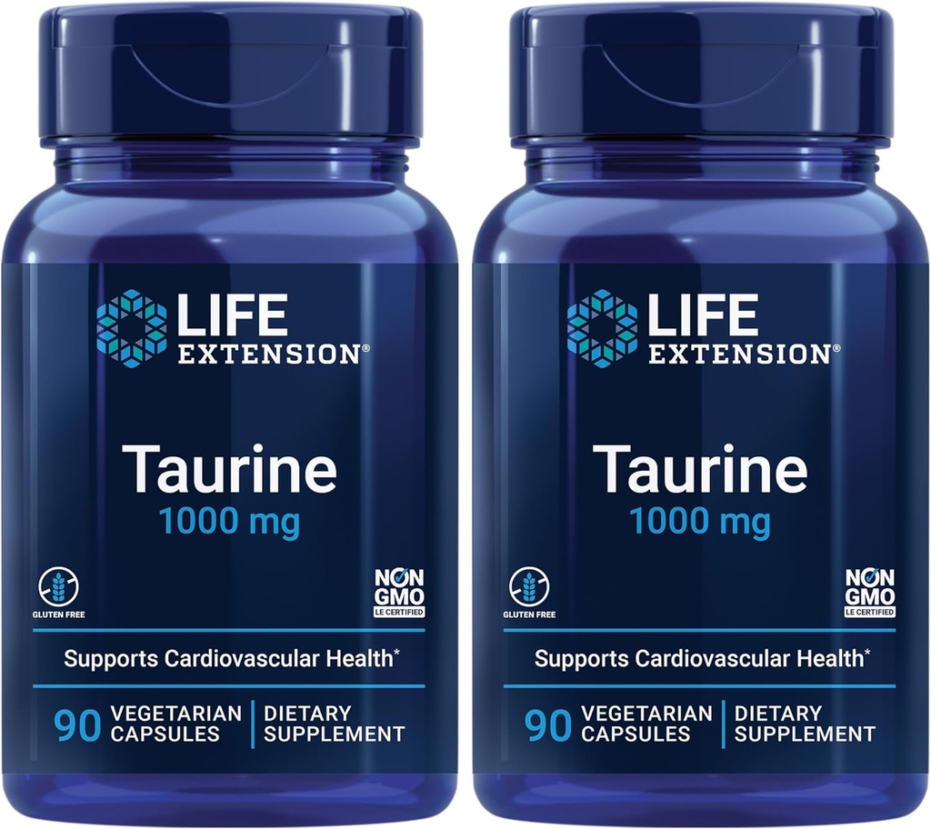 Extensión de la vida Taurina, Suplemento Aminoácido Puro Taurino, Corazón, Salud del hígado y del cerebro, Longevidad, músculo y ejercicio, dosis de 1000 mg, No GMO, Libre de gluten - Dos paquete - 90 cápsulas vegetarianas x 2